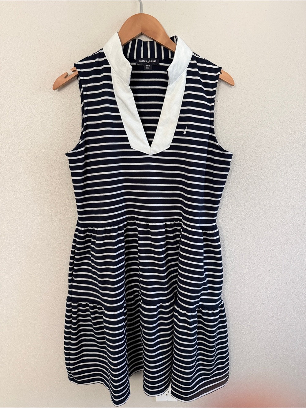 Nautica Jeans: Striped Navy & White Sleeveless Collared Dress